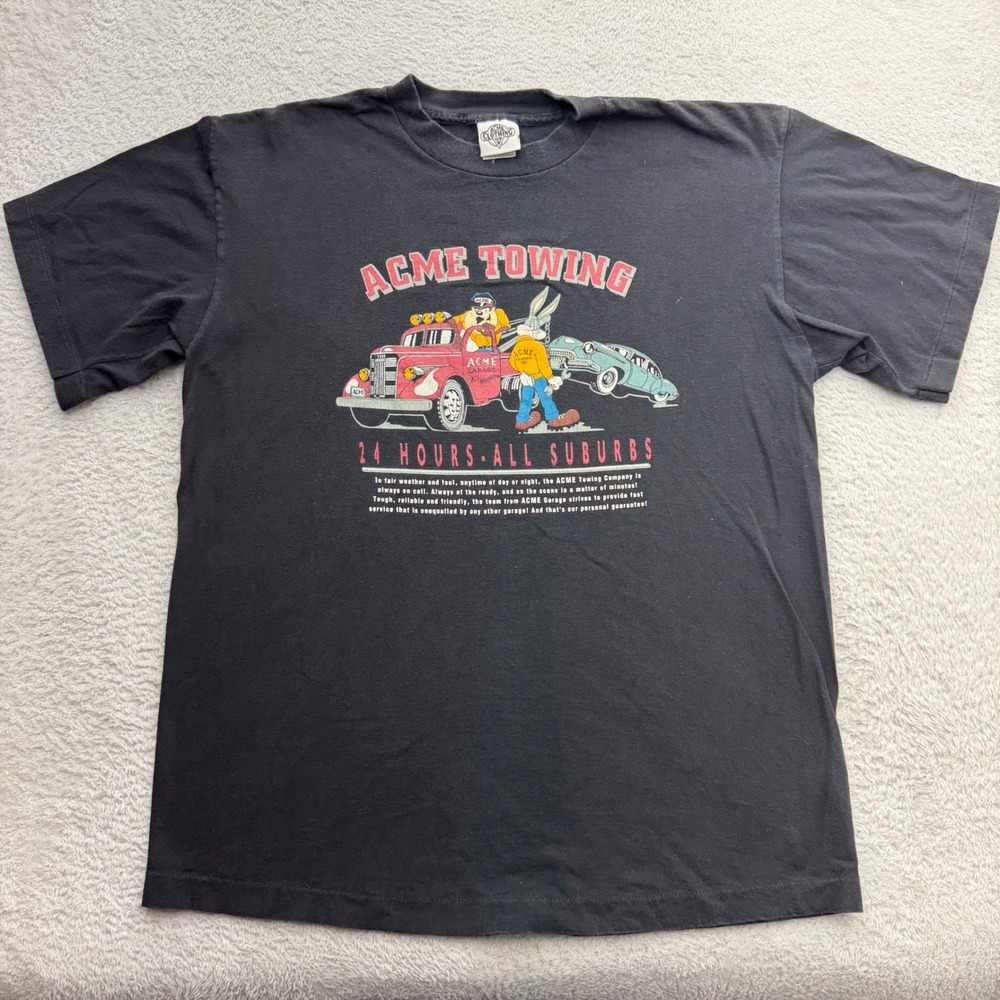 Vintage 1991 Acme Clothing Co Looney Tunes Bug Bunny Taz Towing T-Shirt XL Black